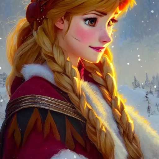 Image similar to Katherine McNamara as Anna from Frozen, western, D&D, fantasy, intricate, elegant, highly detailed, digital painting, artstation, concept art, matte, sharp focus, illustration, art by Artgerm and Greg Rutkowski and Alphonse Mucha