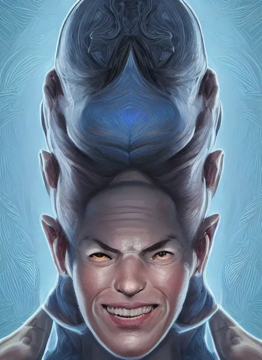 Image similar to head-on symmetrical centered painted portrait, a smiling bald and clean shaven androgynous man with completely blue skin in his twenties as a D&D wizard, fantasy, intricate, elegant, highly detailed, digital painting, smooth, sharp focus, illustration, artstation, in the style of Artgerm and Anna Podedworna and Charlie Bowater and Michael Garmash