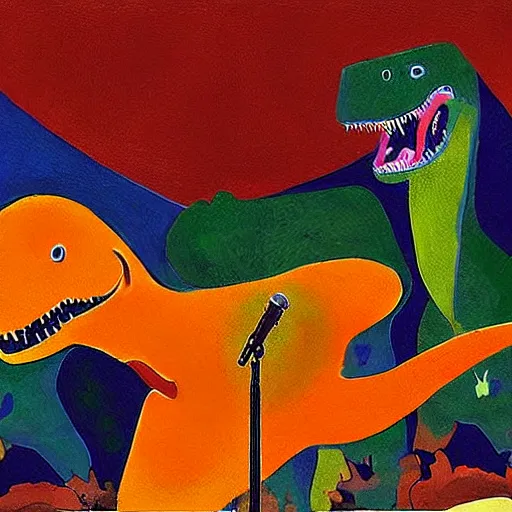Prompt: “dinosaur singing karaoke detailed trex happy concert minimalism Edward Cooper Matisse digital art oil painting”