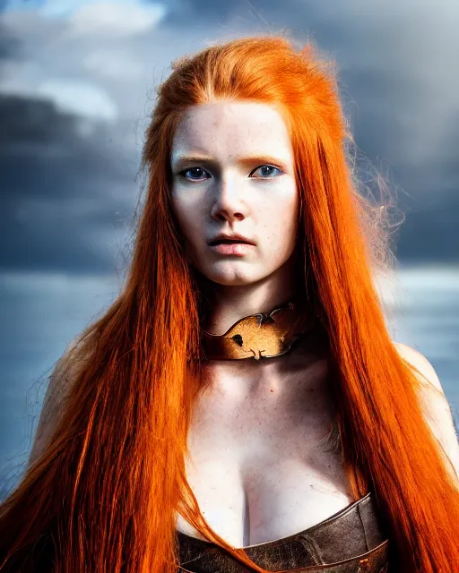 Image similar to north adult female warrior, red hair, ginger hair, long hair, fantasy, female Viking, high detailed, photography, cloudy, lightweight leather armour, Scandinavia, plain, detailed face, beautiful face, beautiful girl, look into the distance, professional model, glowing skin, serious face, full body,in full growth, professional photographer, masterpiece, 50 mm, 8k, 3D