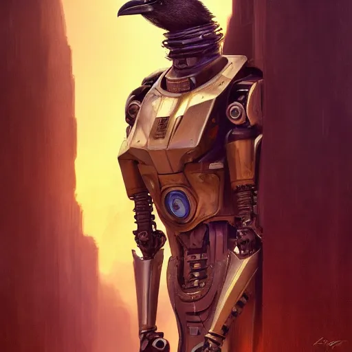 Prompt: self portrait of a robot raven. Focus on the head. Full body with draped fabric and body armor, digital art, realistic, ultradetailed, concept art in the style of Return of The Jedi, art by greg rutkowski and thomas kinkade, trending on artstation, devianart, cgsociety