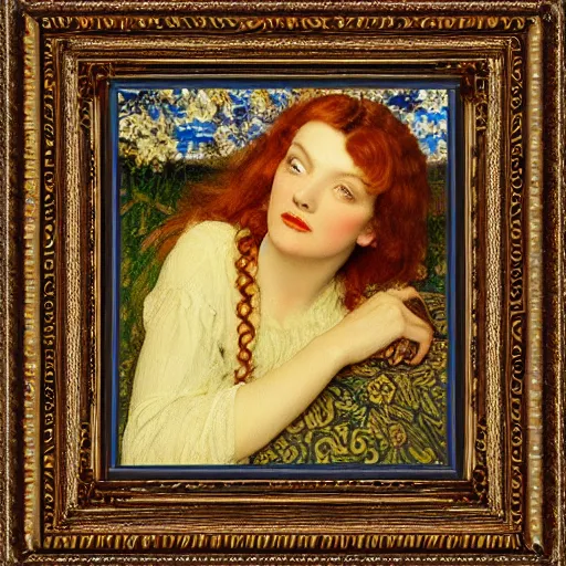 Prompt: preraphaelite portrait photography masterpiece hybrid of judy garland and florence welch, reclining, william holman hunt, ford madox brown, brown hair fringe, yellow ochre ornate medieval dress, william morris, framed 4 k