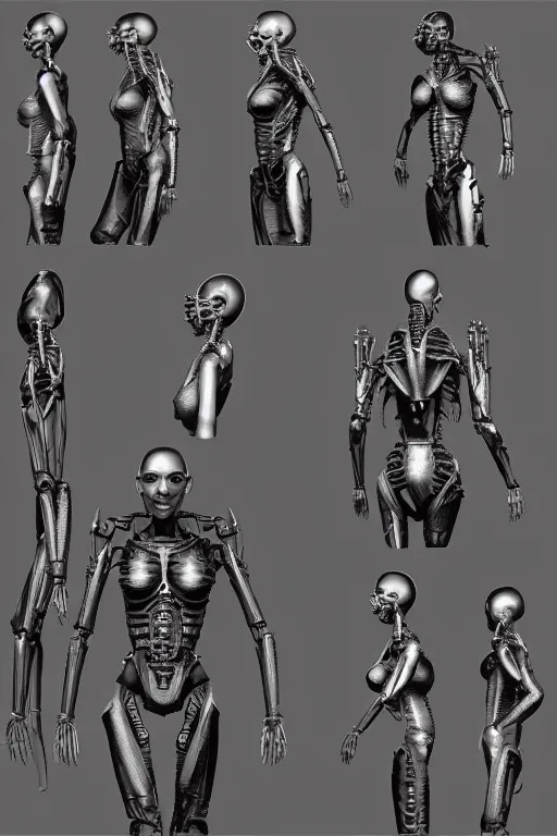 Prompt: septum nose piercing!! cyborg female with gunmetal grey skin, medical anatomy, paneled face, highly detailed, mecha, mechanical implants, three - perspective / three - view reference sheet ( front / back / side ), in the style of dan ouellette, dren from splice, hr giger, sil from species, artstation, unreal engine