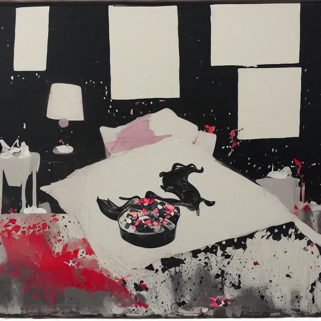 Image similar to bedroom with black walls and a futon, sensual portrait of a woman sleeping, cracked handmade pottery vase, torn paper smouldering smoke, candles, white flowers on the floor, puddle of water, octopus, squashed berries, neo - expressionism, surrealism, acrylic and spray paint and oilstick on canvas