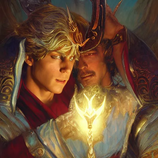 Image similar to attractive male deity casts light spell, summons attractive male lucifer morningstar. highly detailed painting by gaston bussiere, craig mullins, j. c. leyendecker 8 k