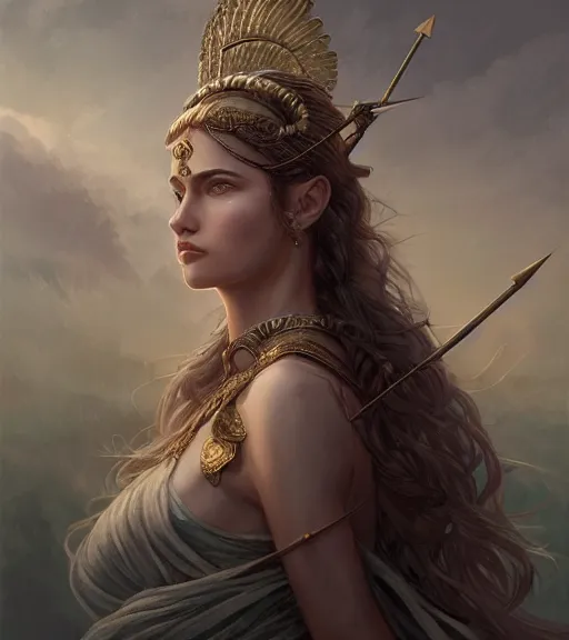 Image similar to aphrodite goddess wearing an arrow on her head, high resolution, uhd, digital illustration, in the style of greg rutkowski, fantasy, amazing detail, epic, intricate, elegant, hyper realistic, hyperdetailed, style of laura sava, smooth, sharp focus