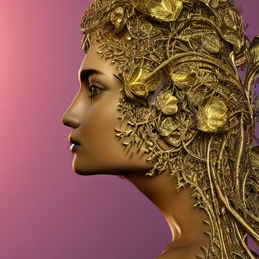 Prompt: Ultra detailed beautiful 3d render of a marble statue, beautiful woman face, long shiny hair, symmetrical composition, macro, intricate thin details in gold, crown made of fantasy flowers and leaves, fractal vines, octane render, 8k, high quality, volumetric lighting, color grading, trending on art station, by James Jean and WLOP and Victo Ngai and Craig Mullins