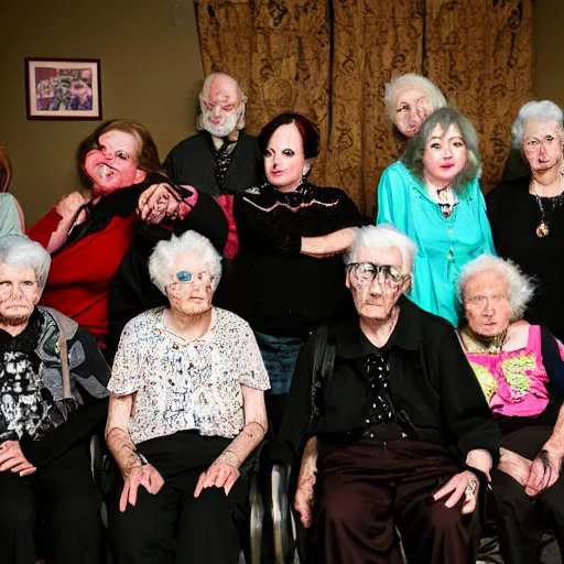 Image similar to an old age home for geriatric goths. photograph group portrait.