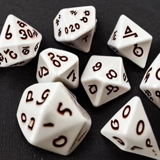 Prompt: a set of dungeons and dragons dice made of bone