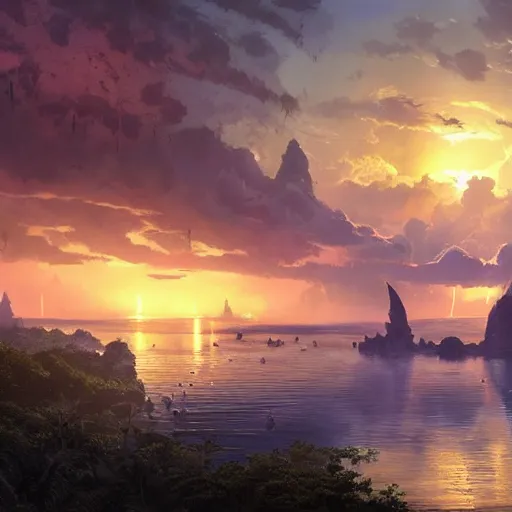 Prompt: matte painting of a beautiful lagoon from Uncharted games by studio ghibli, greg rutkowski and disney concept artists. realistic lightning, colorful, at dusk!
