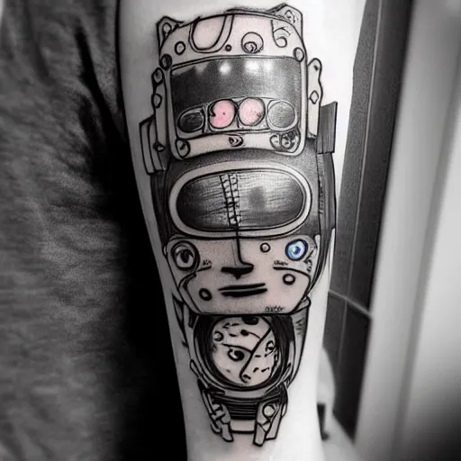 Image similar to Anime manga robot!! cat tattoo, cyborg cat, exposed wires and gears, fully robotic!! cat, manga!! in the style of Junji Ito and Naoko Takeuchi, tattoo on upper arm