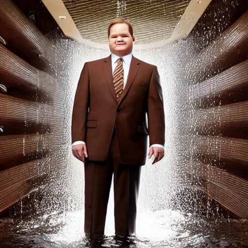 Image similar to Andy Richter is wearing a chocolate brown suit and necktie. Andy is standing under the running water of a shower head. Water is dripping from the suit and necktie.