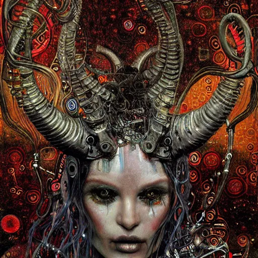 Image similar to horned cybernetic demon trapped in circuitry, intricate detail, klimt, royo,