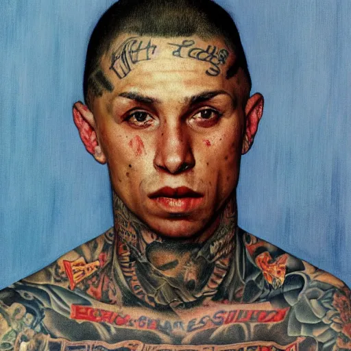A Frontal portrait of a heavily tattooed MS13 gang Stable Diffusion