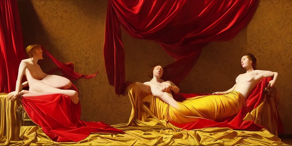 Prompt: beautiful oil matte painting, women engulfed by golden sheets and red drapers, wonderful masterpiece highly detailed, beautiful cinematic light deep focus, elegant, digital painting, smooth, sharp focus, golden ratio, dramatic illumination, ultra realistic, 8 k, art by artemisia lomi gentileschi and caravaggio