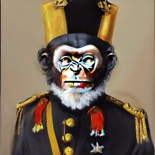 Image similar to An exquisite modern painting of a chimpanzee dressed like a bearded Napoleon with correct military uniform, no frames