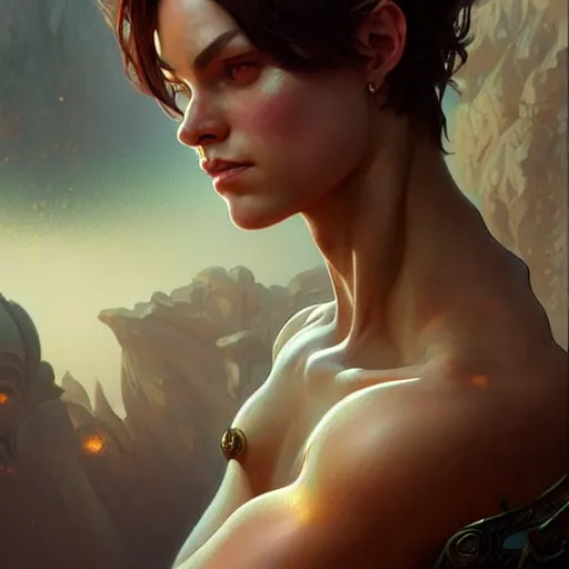Image similar to muscular female with short hair, supermuscular upper body, D&D, fantasy, intricate, elegant, highly detailed, digital painting, artstation, concept art, smooth, sharp focus, illustration, art by artgerm and greg rutkowski and alphonse mucha