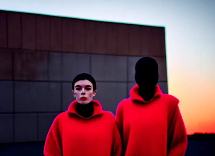 Image similar to cinestill 5 0 d closeup photographic portrait of two clones in front of a brutalist metal building, techwear women, on a desolate plain, red sky, black oversized clothes, depth of field, 4 k, 8 k, hd, full color