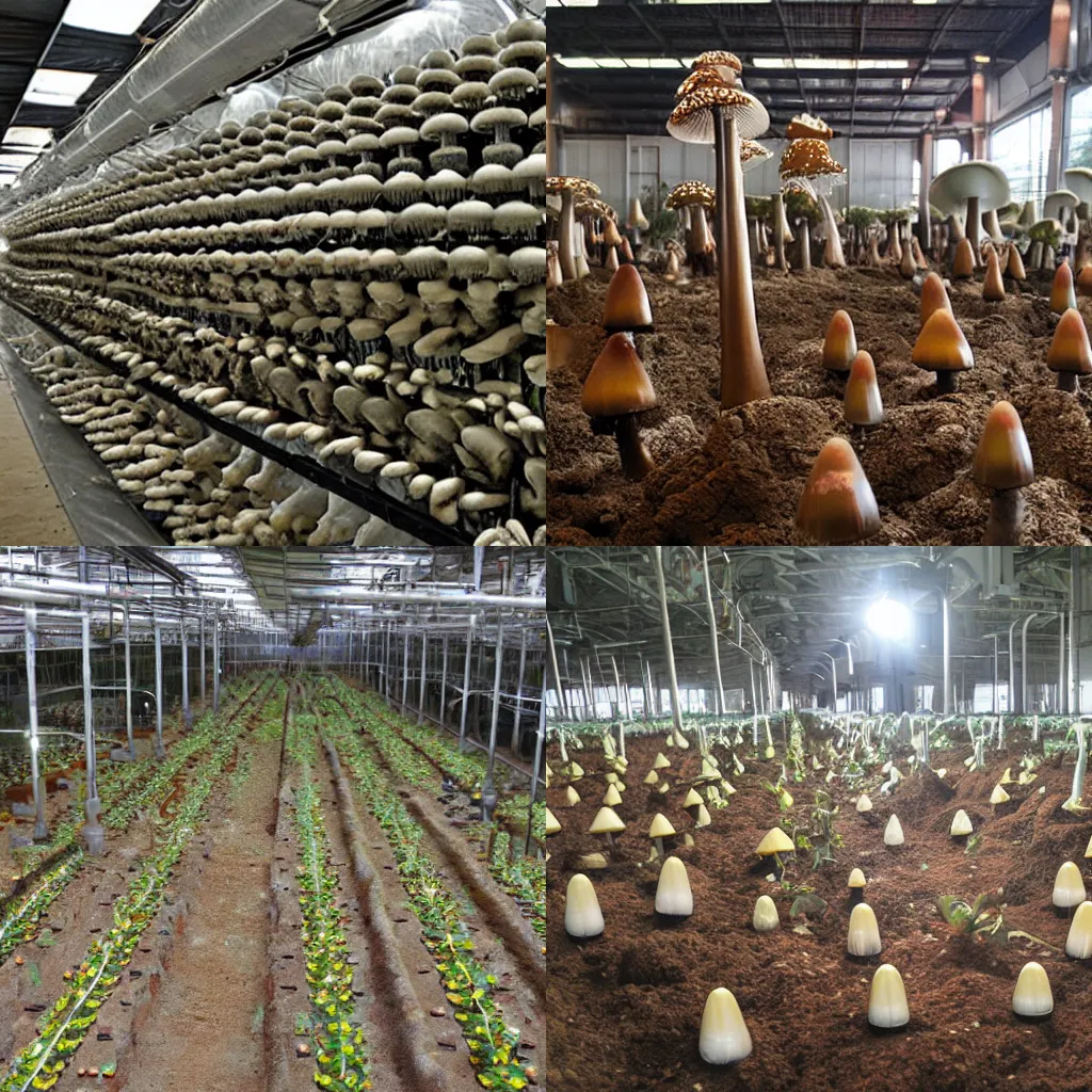 Prompt: industrial-scale magic mushroom cultivation