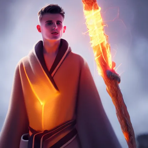 Prompt: Mason Mount wearing robe holding a glowing fire magical staff. Trending on Artstation, octane render, ultra detailed, art by Ross tran