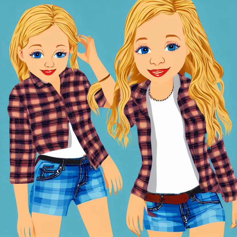 Prompt: cute young blonde girl wearing plaid and jean shorts, clip art, trending on artstation, 8 k,