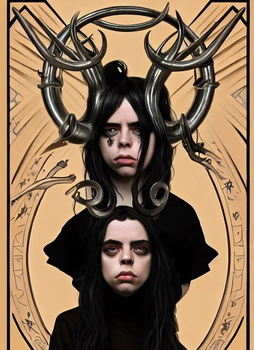 Prompt: Billie Eilish with two demon horns, noir, highly detailed, digital painting, artstation, concept art, sharp focus, illustration, art by Alphonse Mucha and Ian Sprigger and Edmund Bliar Leighton