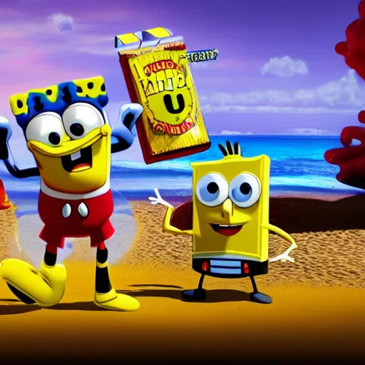 Image similar to movie poster with Spongebob and Mickey Mouse in it,Unreal Engine 5,4k quality