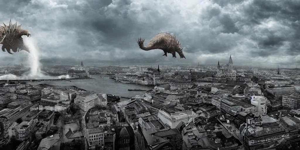 Image similar to kaiju attack in budapest photography realistic, detailed, cinematic