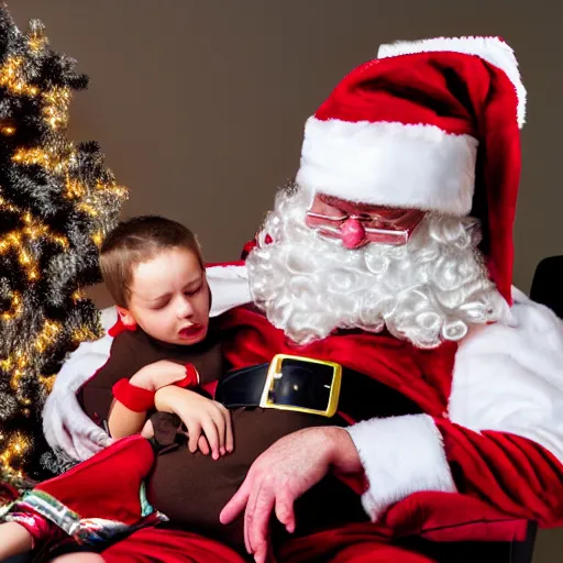 Image similar to an alcoholic wearing santa suitr crying while having a child on his lap, shopping mall, emotional, sadness, anxious, depressed, zoomed out, colorfull, photorealistic, cinematic, concept art, epic