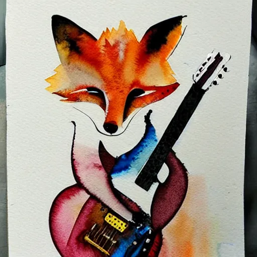 Prompt: abstract watercolor painting of a fox playing electric guitar