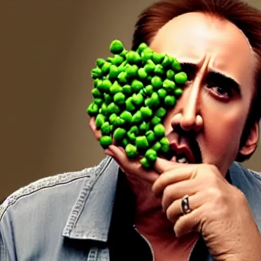 Image similar to nicolas cage with peas on his face, screaming in a wicker basket