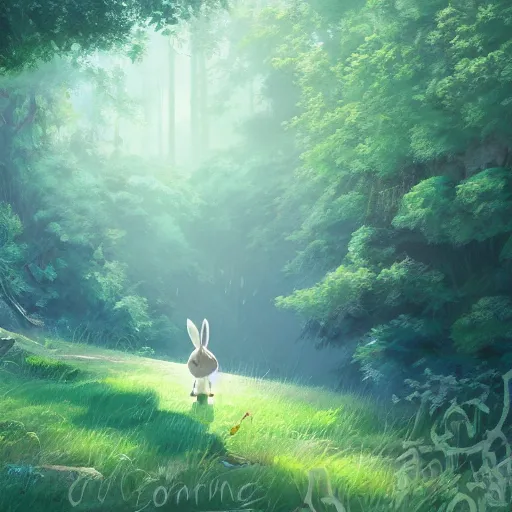 Image similar to concept art painting of a chubby white rabbit wearing a turquoise dress, in the deep forest, realistic, detailed, cel shaded, in the style of makoto shinkai and greg rutkowski and james gurney