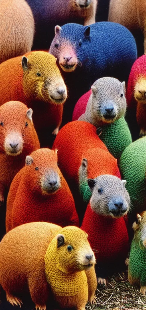 Image similar to multicolored crocheted capybaras, 1 9 8 0 s catalogue photo
