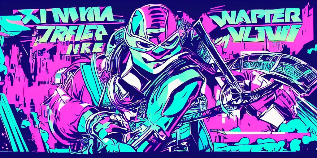 Image similar to vaporwave, vector graphics, ninja turtles, shredder, synthwave, neon