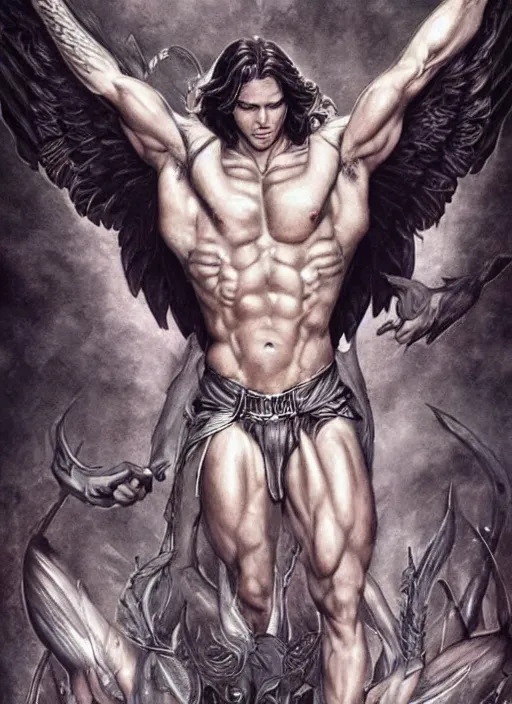 Image similar to Sam Winchester as a muscular angel with religious tattoos on chest and neck, stained and bleeding, magic overlays, urban fantasy book cover style, D&D dark fantasy style, sharp focus, ultra detailed, art by Artgerm and Peter Andrew Jones, Ayami Kojima, Amano and Olivier Ledroit