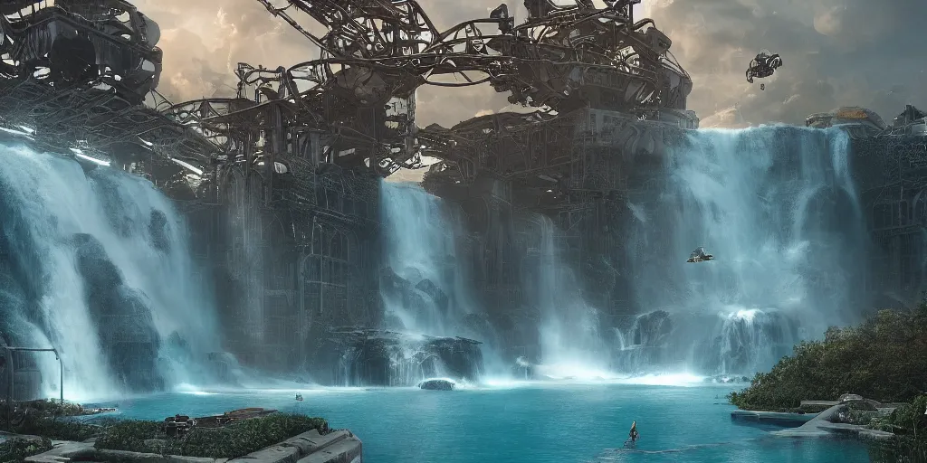 Image similar to alien spacecraft hovering over beautiful pool waterfalls surrounded by alien robots, steel archways, industrial buildings, rusty metal towers, sun setting, ross tran, fantasy, james jean, cinematic lighting, digital painting, octane render