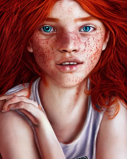 Prompt: portrait of 1 4 - year - old girl with flaming red hair, a lot of freckles, and bright brown eyes, wearing shirt, hyper realistic face, beautiful eyes, character art, art by mark brooks, hyperdetailed, cryengine, trending on artstation, digital art