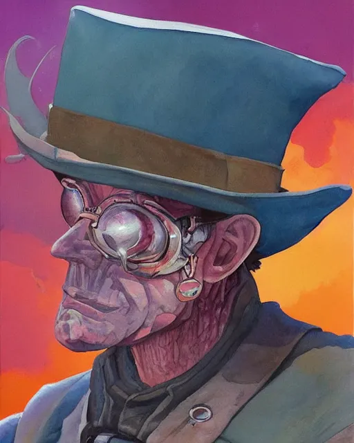 Image similar to a oil / watercolor painting full body character portrait of a high noon android in the style of moebius in the style of leonard boyarsky trending on artstation deviantart pinterest detailed realistic hd 8 k high resolution