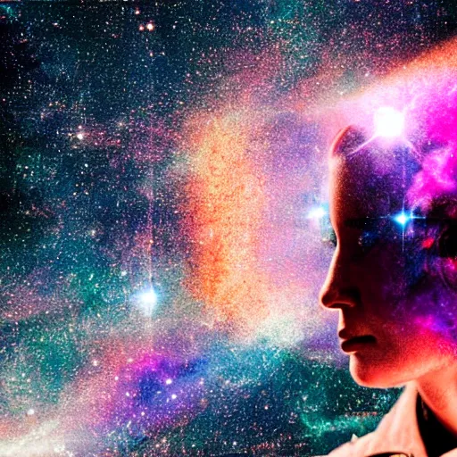 Image similar to modern double exposure monochrome head shot portrait of a female wwii pilot over a brilliant iridescent nebula. orange, pink, purple color ombre.