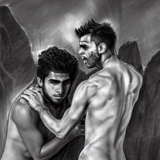 Image similar to 20 year old Mediterranean man fighting an 18 year old Mediterranean man, biblical clothing, highly realistic charcoal sketch