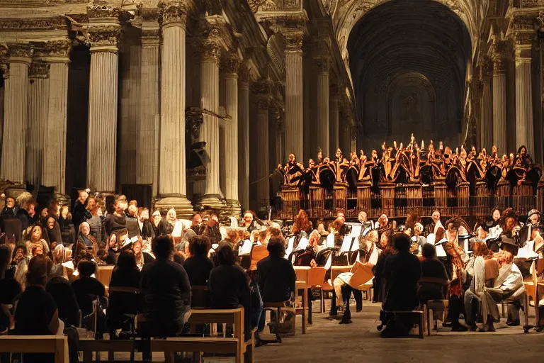 Prompt: medium size crowd listens to a hermeneutic pipe organ concert in a vast basilica, matte painting, scenic full shot, ambient lighting, detailed baroque oil painting by caravaggio and goya