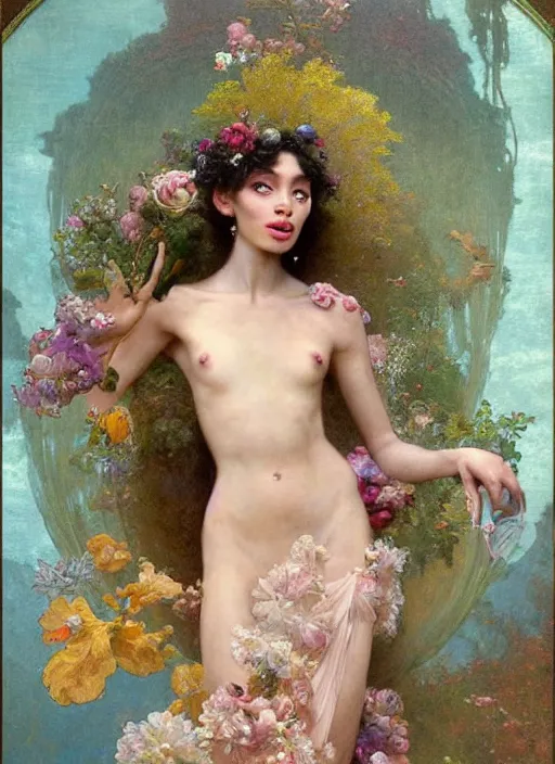 Prompt: a realistic oil painting of a beautiful young woman resembling winnie harlow, flowing robes, silk dress, peonies, crystal encrustations, underwater, fantasy art, by mucha, by bouguereau, intricate, colorful