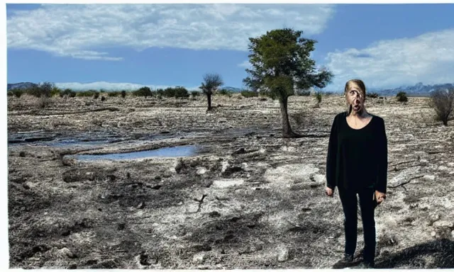 Image similar to medium shot of a crying ancient dried up Danu, peaceful, facing the camera and standing in front of a dried up river in a desolate land, dead trees, blue sky, hot and sunny, highly-detailed, elegant, dramatic lighting, artstation, 4k, cinematic landscape, photograph by Elisabeth Gadd