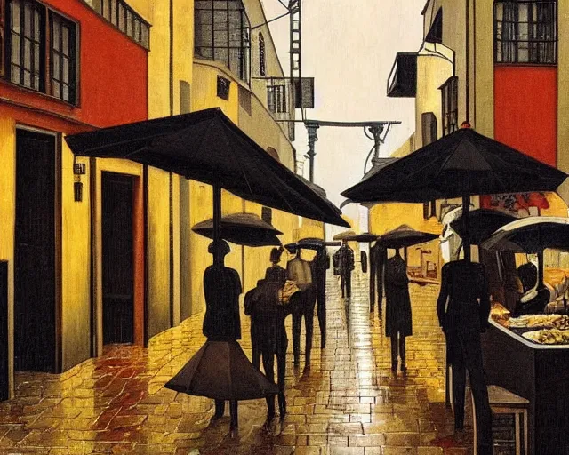 Image similar to a melancholy rainy night in a food street of cyberpunk city de chirico