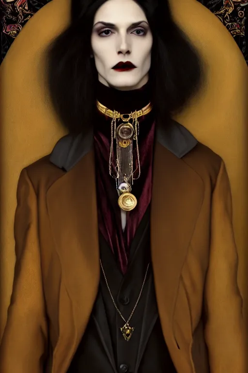 Prompt: a beautiful feminine androgynous man, long hair, tall and thin, vampire, dressed in velvet, fully dressed, wearing several pendants and a choker, illustration, dramatic lighting, soft details, painting oil on canvas, art nouveau, octane render, hdr, 4 k, 8 k, hd, by edmund blair leighton, brom, charlie bowater, faces by otto schmidt