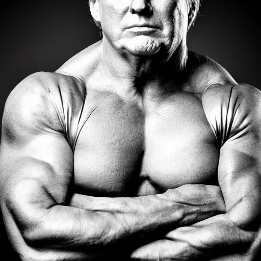 Image similar to very muscular donald trump, 8k, black and white photo, professional photography