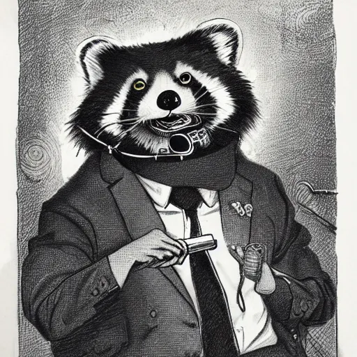 Prompt: Portrait of an anthropomorphic Red Panda crime boss smoking a cigar wearing an eyepatch in a dark room Very high quality. Drawn by James Christensen