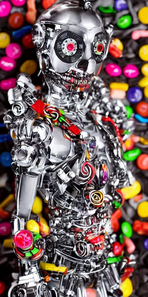 Prompt: a beautiful cyborg made of candy