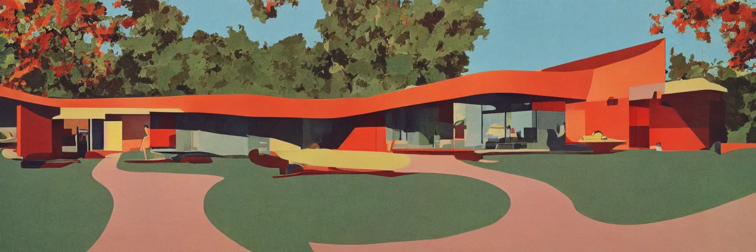 Prompt: midcentury architecture. modernism. warm colors. wide shot. imagined by ken adam.