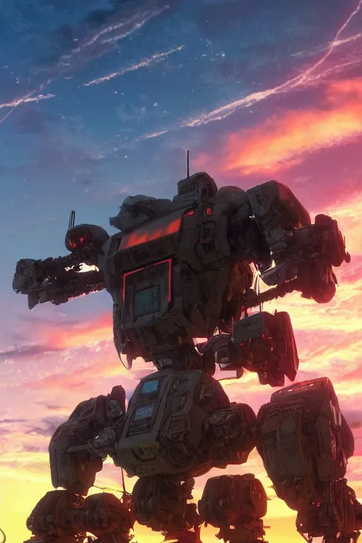 Image similar to A real photo of a Mechwarrior in battle stance, a sunset in the distance, by Josan Gonzalez, Yoji Shinkawa and Geof Darrow, highly detailed, Unreal Engine Render, lots of neon lights on the robot, 3D, 8k wallpaper, uplight